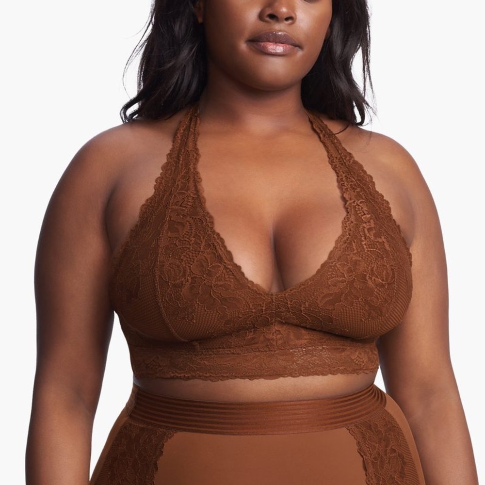 Savage X Fenty Lace Halter Bralette in Rich Brown color size 2XL